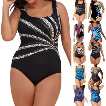 Европа и Соединенные Штаты Большой размер Слитный купальник Напечатанный Слитный женский купальник Бикини Купальник L чёрный