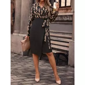 Европа и Соединенные Штаты Новое цельное платье с завязкой на талии и принтом S