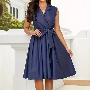 Европа и Соединенные Штаты однотонное платье без рукавов с лацканами и завязками, длинное женское платье с талией L синий