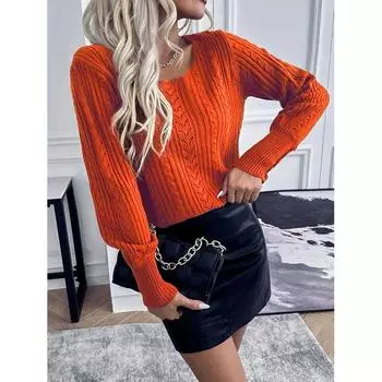 Европа и Соединенные Штаты Осенью и Зимой Женский Ребристый Однотонный Пуловер Свитер Женский Новый Темперамент Досуг Тонкий Трикотажный Свитер Топы S оранжевый