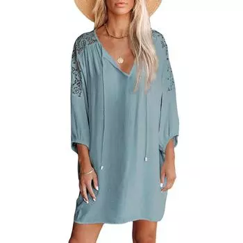 Европа и Соединенные Штаты Пляж Sunbrella V-образный вырез Tie Длинное платье Плечо кружево Хлопок Длинное платье Семь рукавов XXL