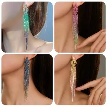 Европа и Соединенные Штаты Ветряные Стразы Геометрические Длинные Секционные Серьги Кисточки Уличная Съемка Невесты Свадебный Ужин Атмосфера Серьги