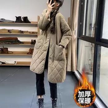 Европа и США 2024 зимняя одежда новая клетчатая одежда из хлопка с ромбами теплая одежда из хлопка средние и длинные куртки женская верхняя одежда S хаки