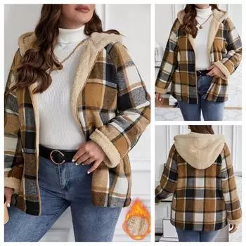 Европа и США клетчатая куртка женские модели осень-зима женская теплая трендовая модная хлопковая куртка с капюшоном S светло-коричневого