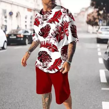 Европа и США летний роскошный стиль мужской кленовый 3D-печатный спортивный мужской комплект с коротким рукавом для мальчиков S