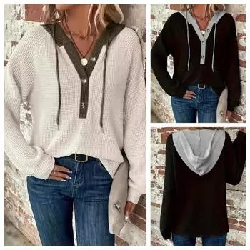 Европа и США мода повседневный с капюшоном пуговицы свободный длинный рукав свитер женский S