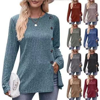 Европа и США новая осенне-зимняя одноцветная свободная футболка с круглым вырезом и длинным рукавом с пуговицами для женщин S