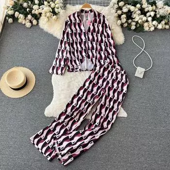 Европа и США, новая рубашка с v-образным вырезом в стиле ретро и широкими брюками, комплект из двух предметов