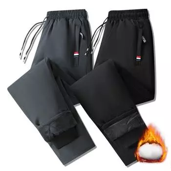 Европа и США осень и зима новые модные однотонные толстые теплые хлопковые брюки мужские повседневные свободные удобные прямые брюки L чёрный