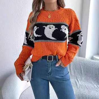 Европа и США Осень и зима Женский свитер Ghost Color Clash Knit Tops Ленивый свободный свитер для женщин S оранжевый