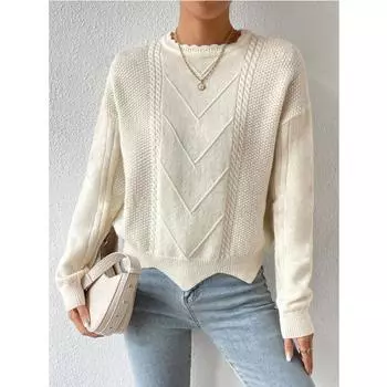 Европа и США Осень и зима Женский кружевной круглый вырез свитер с переплетенными нитками однотонный трикотаж с неровной окантовкой S абрикосовый