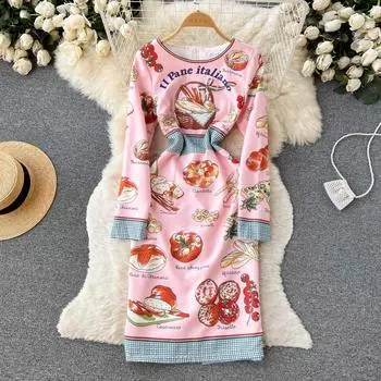 Европа и США с индивидуальным принтом, высокой талией, длинными рукавами и круглым вырезом, пышное платье средней длины с пакетом на бедрах S розовый