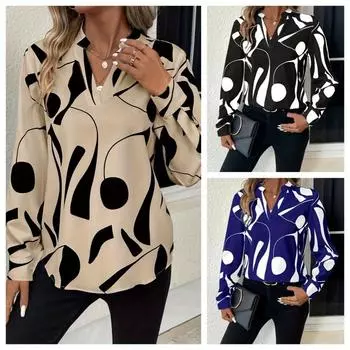 Европа и США Весна и осень Географический узор V-образный вырез Рубашка Повседневная Длинные рукава S абрикосовый