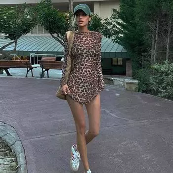 Европа и США Ветер, Женская одежда, 2025, Весна и лето Новинки, Модная индивидуальность, Леопард, Сетка с принтом, Прозрачные платья S цветной печати леопарда