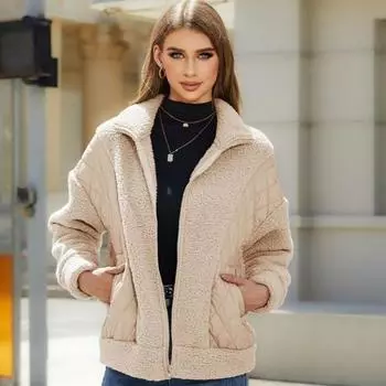 Европа и США Женская осенне-зимняя мода Кардиган с длинными рукавами на молнии Плюшевая женская куртка S верблюд