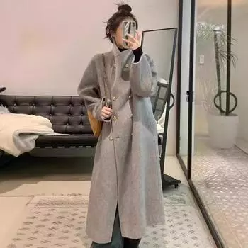 Европа, осень и зима 2024 года, новый воротник-стойка, двубортное пальто корейской версии, длинное пальто, имитация кашемира, женское шерстяное пальто из шерсти S серый