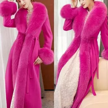 Европа, осень и зима, новый высококачественный искусственный меховой воротник из лисы, шерстяное пальто, тонкое длинное хлопковое пальто большого размера S-70--42.5 kg