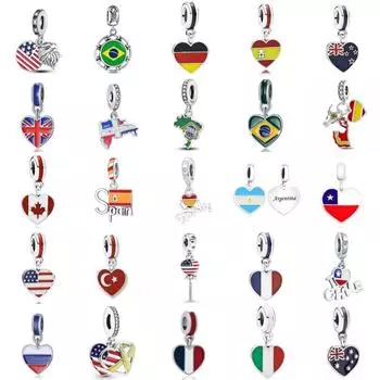 Европа SS925 Серебро Великобритания Испания Бразильский национальный флаг Доминии висячие бусины Pendat подходят для оригинального браслета, ювелирные изделия, подвески