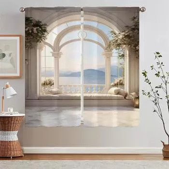 Европейская арка с видом на море, 2 кухонных занавески по акции, бесплатная доставка, занавески для спальни, 2 шт., тюль для украшения гостиной W50xH70cmx2pcs-CL
