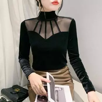 Европейская бархатная сетчатая рубашка с вставками - женская модная осенне-зимняя верхняя часть M темно-зеленого