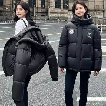 Европейская черная и золотая хлопковая одежда для женщин, новая мода, тонкая повседневная свободная маленькая утолщенная куртка с капюшоном M чёрный