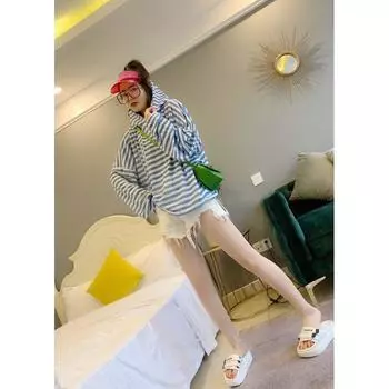 Европейская футболка с принтом Свободная с длинным рукавом Солнцезащитное пальто Blue One size