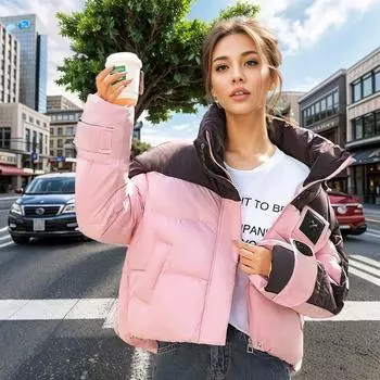 Европейская хлопковая одежда для женщин, длинная и короткая, корейская версия, свободная, контрастного цвета, модная, утолщенная, с воротником-стойкой, женская M синий