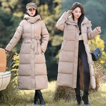 Европейская хлопковая утепленная женская длинная и тонкая хлопковая утепленная женская утепленная хлопковая утепленная куртка зимняя с капюшоном и поясом хлопковая утепленная куртка M чёрный