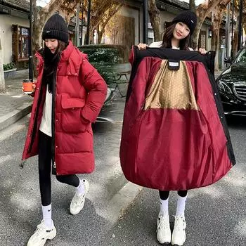 Европейская хлопковая утепленная женская зимняя куртка с капюшоном средней и длинной контрастных цветов свободная утолщенная хлопковая утепленная куртка женская M чёрный