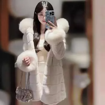Европейская и американская экологически чистая шуба женская с капюшоном и меховым воротником искусственный мех длинное женское зимнее пальто нежная знаменитость S 80-50kg