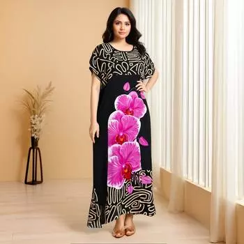 Европейская и американская атласная абая больших размеров: Круглый вырез, Длинная длина, Принтованный дизайн One Size розовый/цветочный