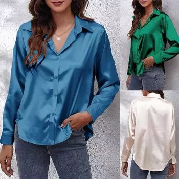 Европейская и американская атласная рубашка с длинными рукавами из искусственного шелка M