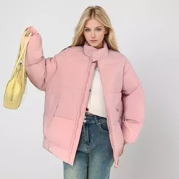 Европейская и американская хлопковая одежда, однотонная, универсальная, с воротником-стойкой, женская одежда, зимняя, свободная, теплая куртка S розовый
