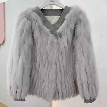 Европейская и американская искусственная шуба с v-образным вырезом женская одежда 2024 осень-зима новая мода полосатая искусственная лисья шуба M [90-52.5 kg] серый