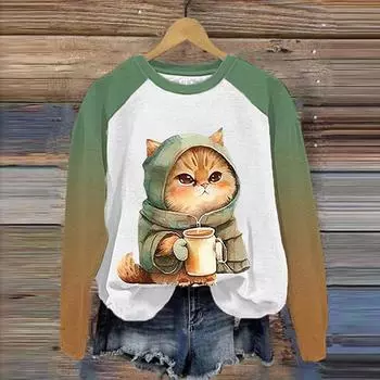 Европейская и американская кошка женская рождественская тематика 3D принт свободная трикотажная футболка с длинными рукавами модная высококачественная футболка топ S