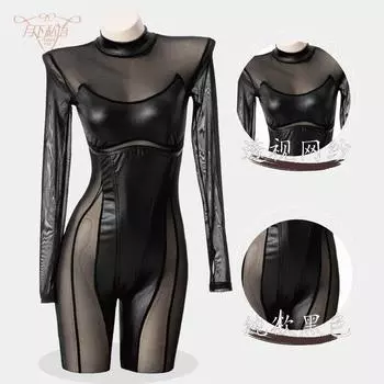 Европейская и американская косплей вечеринка женская одежда модели ночного клуба, сетка с расщеплением прозрачный длинный рукав сексуальный обтягивающий черный комбинезон one size fits all