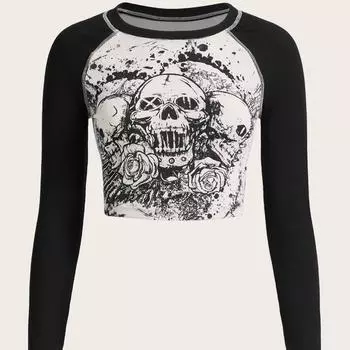 Европейская и американская летняя майка с облегающим кроем и универсальным дизайном, футболка с длинными рукавами и контрастным принтом в стиле ретро. L белый