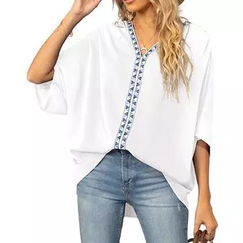 Европейская и американская летняя мода женская шифоновая повседневная рубашка с рукавами «летучая мышь» и V-образным вырезом с короткими рукавами, женская рубашка-топ XXL белый