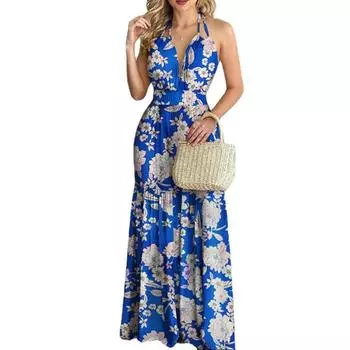Европейская и американская летняя принтованная длинная юбка с открытой спиной, платье без рукавов, повседневная юбка, модная женская одежда XXL синий