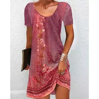 Европейская и американская летняя юбка с цветочным принтом и короткими рукавами, повседневное платье, модная женская одежда XXL красный