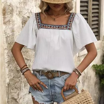 Европейская и американская летняя женская мода, новая рубашка с квадратным воротником, вышивкой, неровным подолом и короткими рукавами S белый