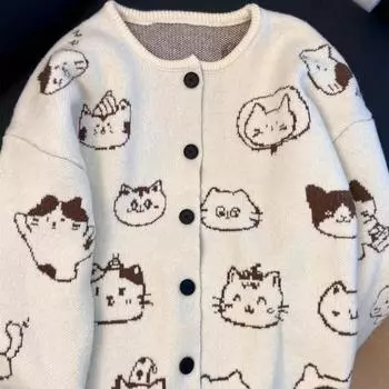 Европейская и американская личность уличная Y2K ленивый стиль веселый мультяшный котенок жаккардовый кардиган свитер женская Ins зимняя мягкая вощеная трикотажная куртка One size fits all белый