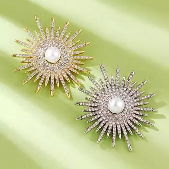Европейская и американская мода и защита окружающей среды Сплав Подсолнух Полный бриллиантов Жемчужная брошь Аксессуары для одежды Корсаж Женщины