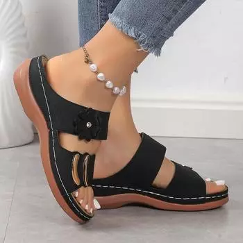 Европейская и американская мода импортная торговля большие размеры танкетки тапочки двойной ряд с цветами римские пляжные классные тапочки полые женские тапочки 36 красный