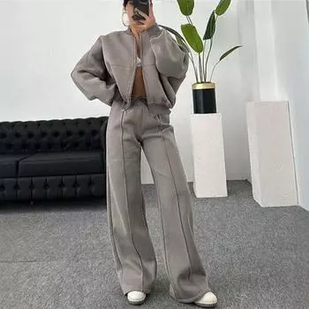 Европейская и американская мода Комплект верхней одежды с длинным рукавом и брюк Женский комплект куртки на молнии и брюк Костюм Khaki L