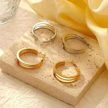 Европейская и американская мода круглые многослойные плоские серьги из нержавеющей стали женские ретро-стиль трендовые серьги с гальваническим покрытием 18 карат