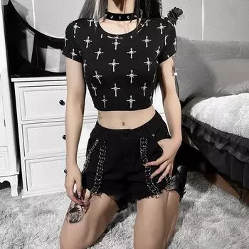 Европейская и американская мода круглый вырез летний принт облегающий топ в стиле панк для пикантной девушки короткий топ S чёрный