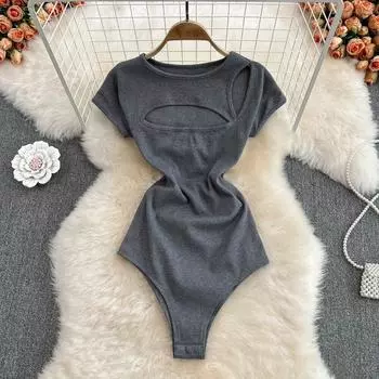 Европейская и американская мода, круглый вырез, полый эластичный облегающий цельный топ-рубашка, топ в иностранном стиле, шикарный летний топ