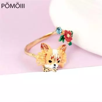Европейская и американская мода личность креативный новый милый расписанный вручную эмалированный глазурь чихуахуа цветок открывающееся регулируемое кольцо Resizable