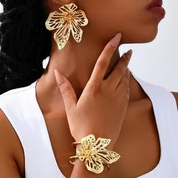 Европейская и американская мода личность супер преувеличенные серьги-цветы открытый браслет комплект золотой